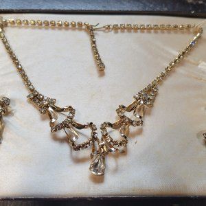 1940s Necklace Earrings Gold Metal Rhinestones